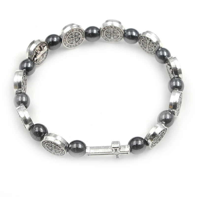 VILLWICE-pulsera de Rosario Católico, medalla de San Benito, pulseras de oración cruzada, cuentas de hematita, accesorios de joyería religiosa