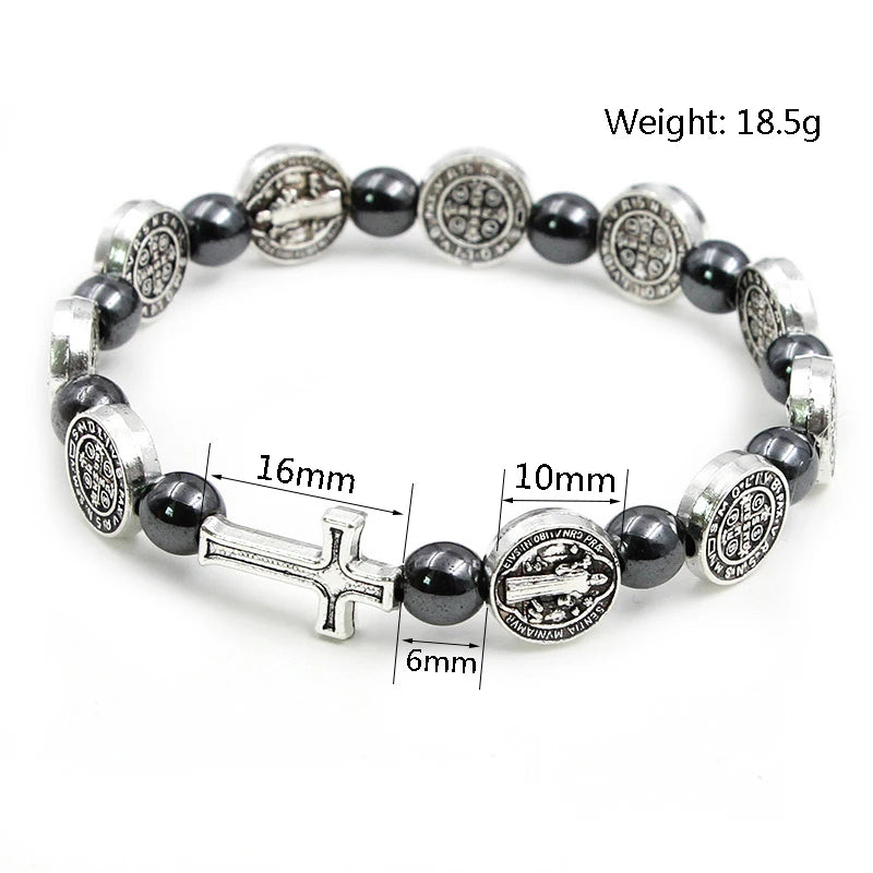 VILLWICE-pulsera de Rosario Católico, medalla de San Benito, pulseras de oración cruzada, cuentas de hematita, accesorios de joyería religiosa
