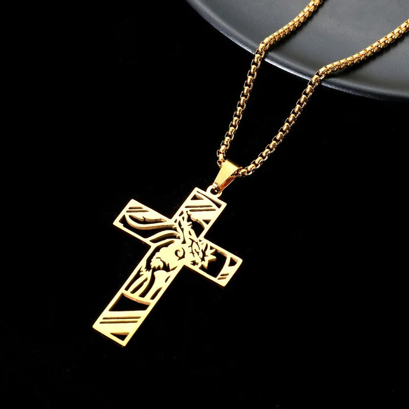 Amuleto cristiano Vintage de acero inoxidable, corona de espinas, collar con cruz de Jesús, collares con colgante de crucifijo para hombres, joyería católica