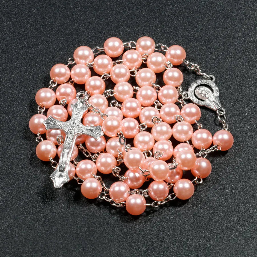 Nueva religión cristiana, collar de Rosario de perlas de imitación para mujer, colgante de cruz de la Virgen María Jesús, cadenas de cuentas largas, joyería de moda