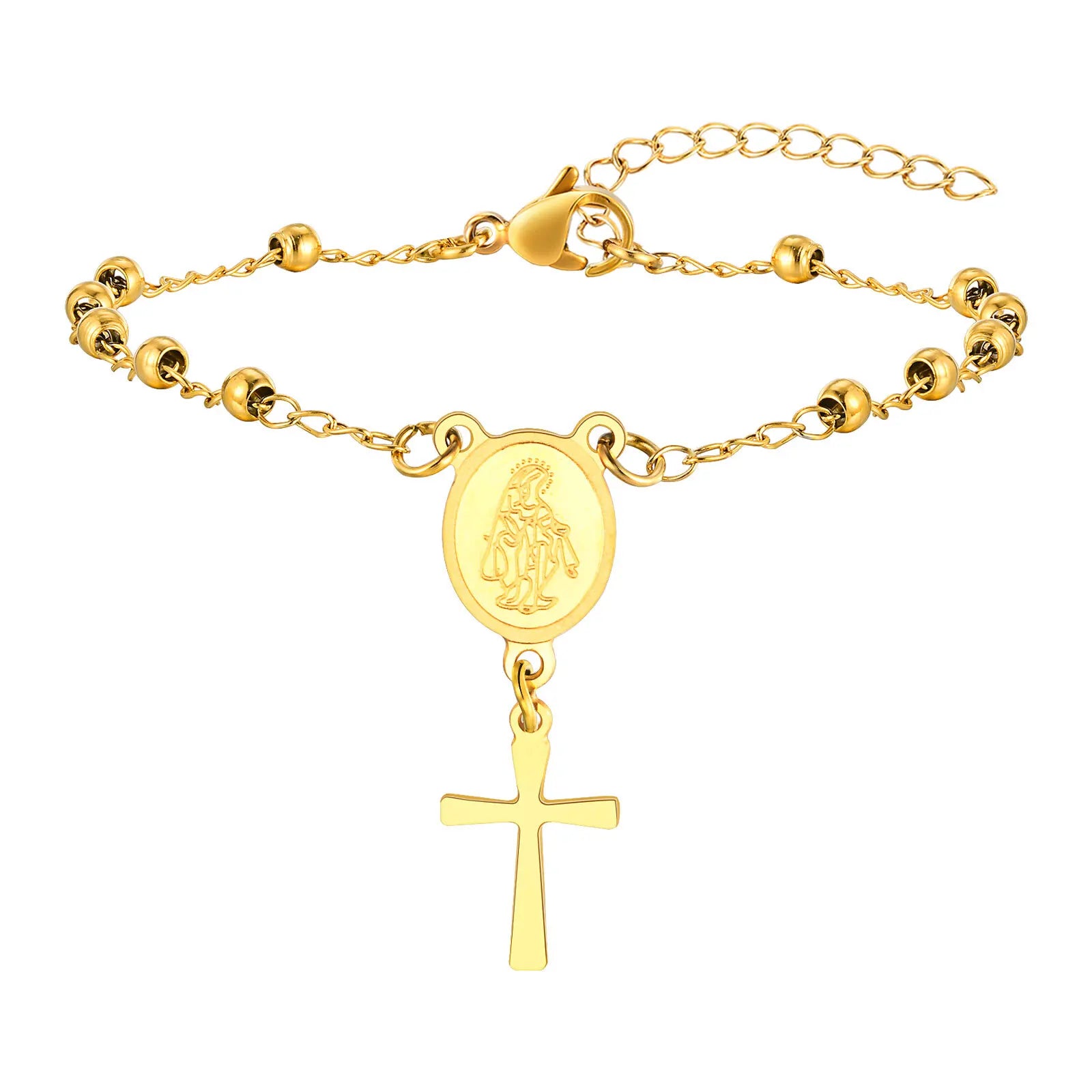 Vnox-pulsera de Rosario para mujer y niña, brazalete de oración de la Virgen María, Cruz religiosa de acero inoxidable chapada en oro, regalos