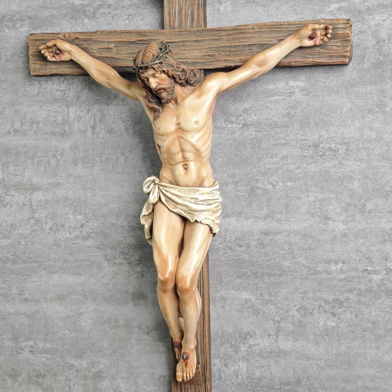 Estatua religiosa de crucifijo de cruz de Jesús, estatuilla de San Católico, artesanía, escultura colgante de pared para decoración del hogar y la sala de estar