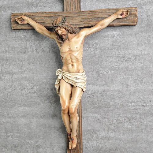 Estatua religiosa de crucifijo de cruz de Jesús, estatuilla de San Católico, artesanía, escultura colgante de pared para decoración del hogar y la sala de estar
