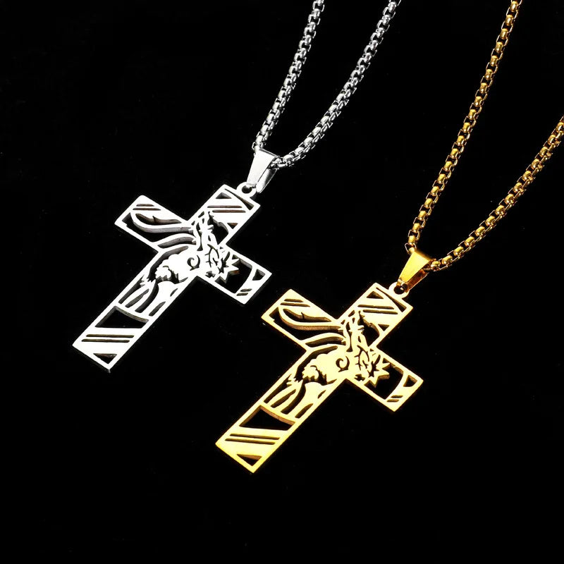 Amuleto cristiano Vintage de acero inoxidable, corona de espinas, collar con cruz de Jesús, collares con colgante de crucifijo para hombres, joyería católica