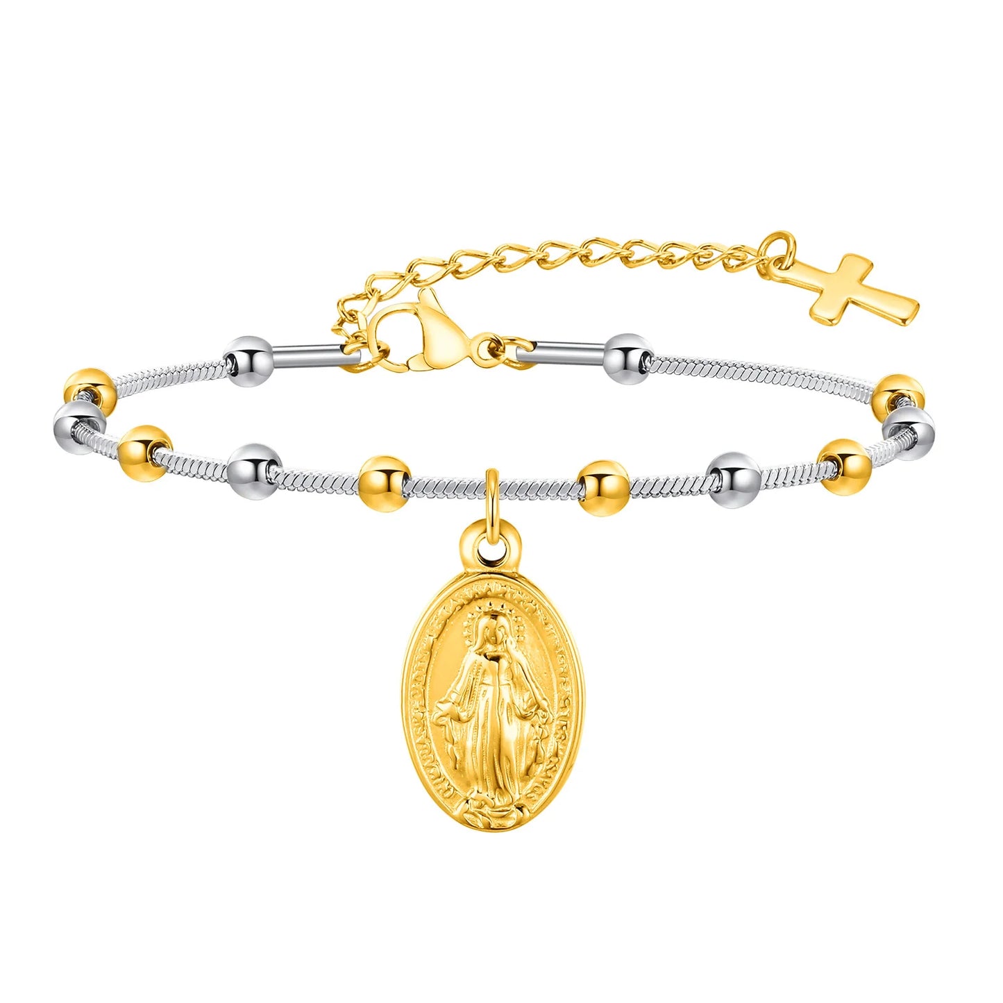 Vnox-pulsera de Rosario para mujer y niña, brazalete de oración de la Virgen María, Cruz religiosa de acero inoxidable chapada en oro, regalos