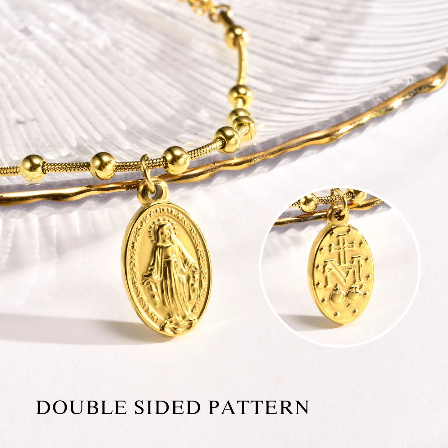 Vnox-pulsera de Rosario para mujer y niña, brazalete de oración de la Virgen María, Cruz religiosa de acero inoxidable chapada en oro, regalos