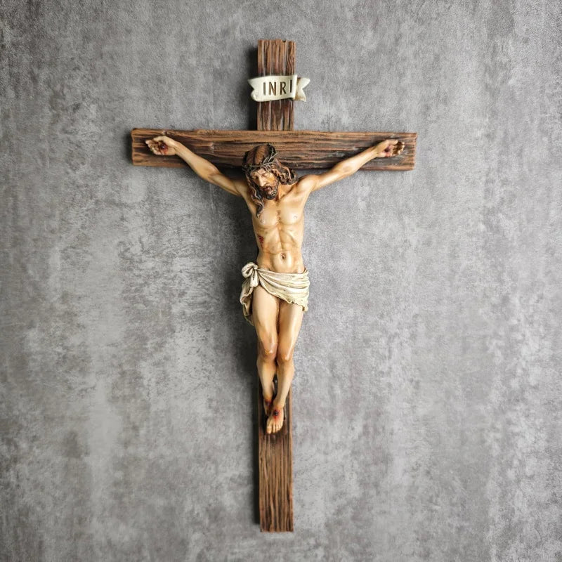 Estatua religiosa de crucifijo de cruz de Jesús, estatuilla de San Católico, artesanía, escultura colgante de pared para decoración del hogar y la sala de estar