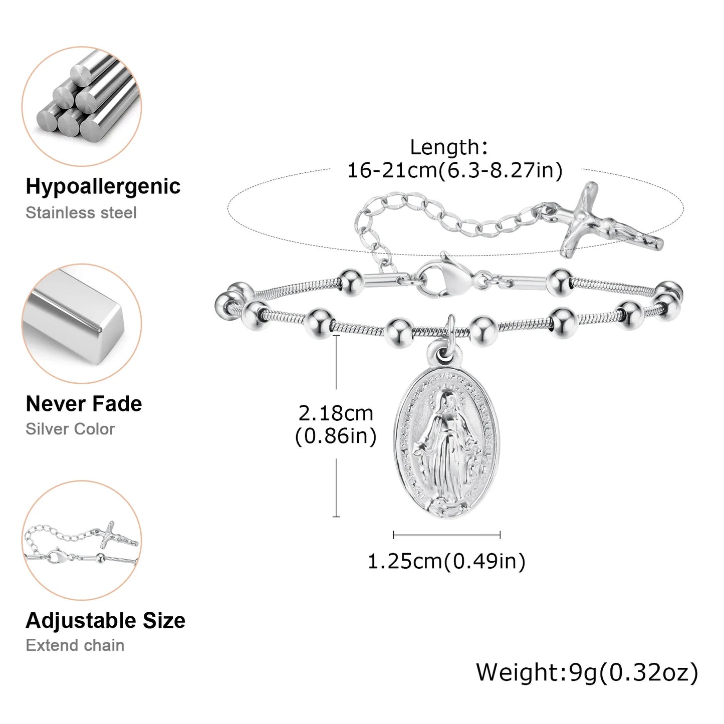 Vnox-pulsera de Rosario para mujer y niña, brazalete de oración de la Virgen María, Cruz religiosa de acero inoxidable chapada en oro, regalos