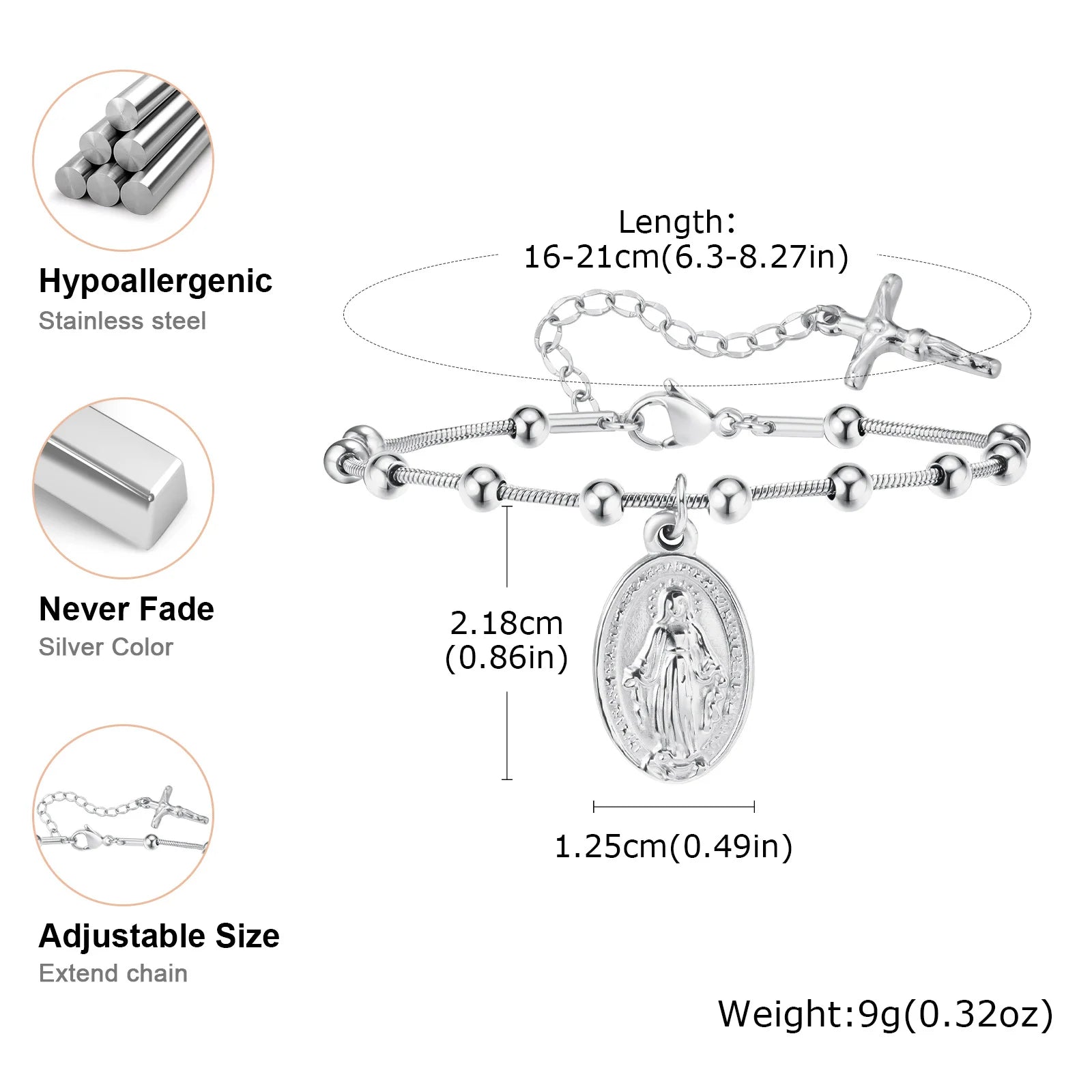 Vnox-pulsera de Rosario para mujer y niña, brazalete de oración de la Virgen María, Cruz religiosa de acero inoxidable chapada en oro, regalos