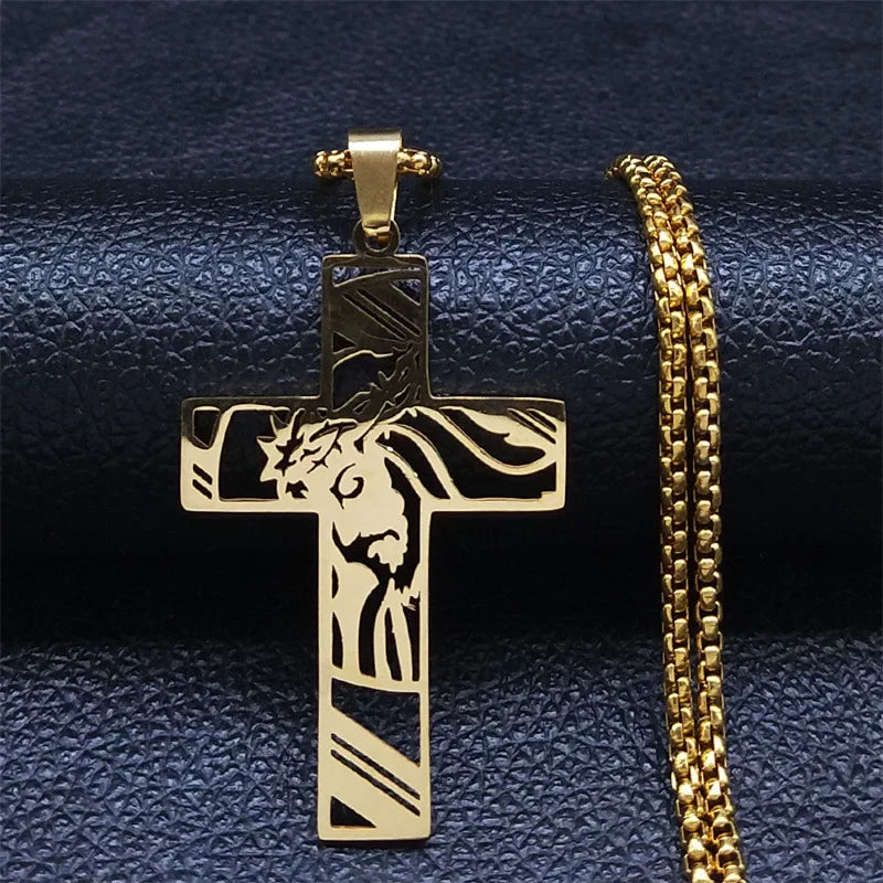 Amuleto cristiano Vintage de acero inoxidable, corona de espinas, collar con cruz de Jesús, collares con colgante de crucifijo para hombres, joyería católica