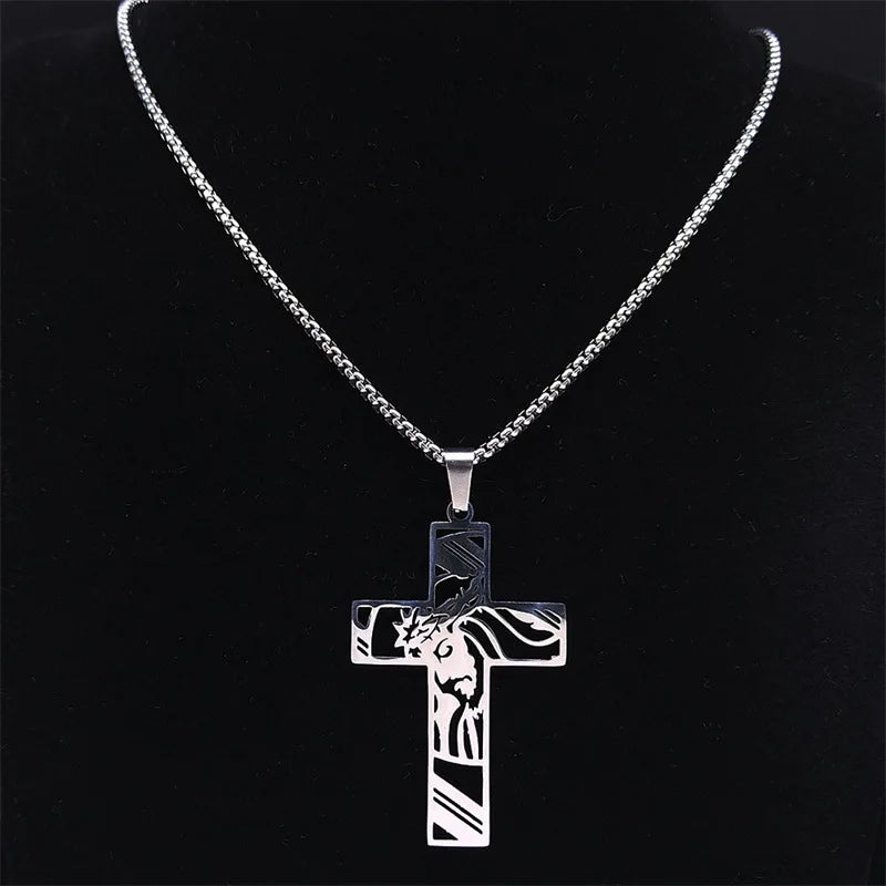 Amuleto cristiano Vintage de acero inoxidable, corona de espinas, collar con cruz de Jesús, collares con colgante de crucifijo para hombres, joyería católica