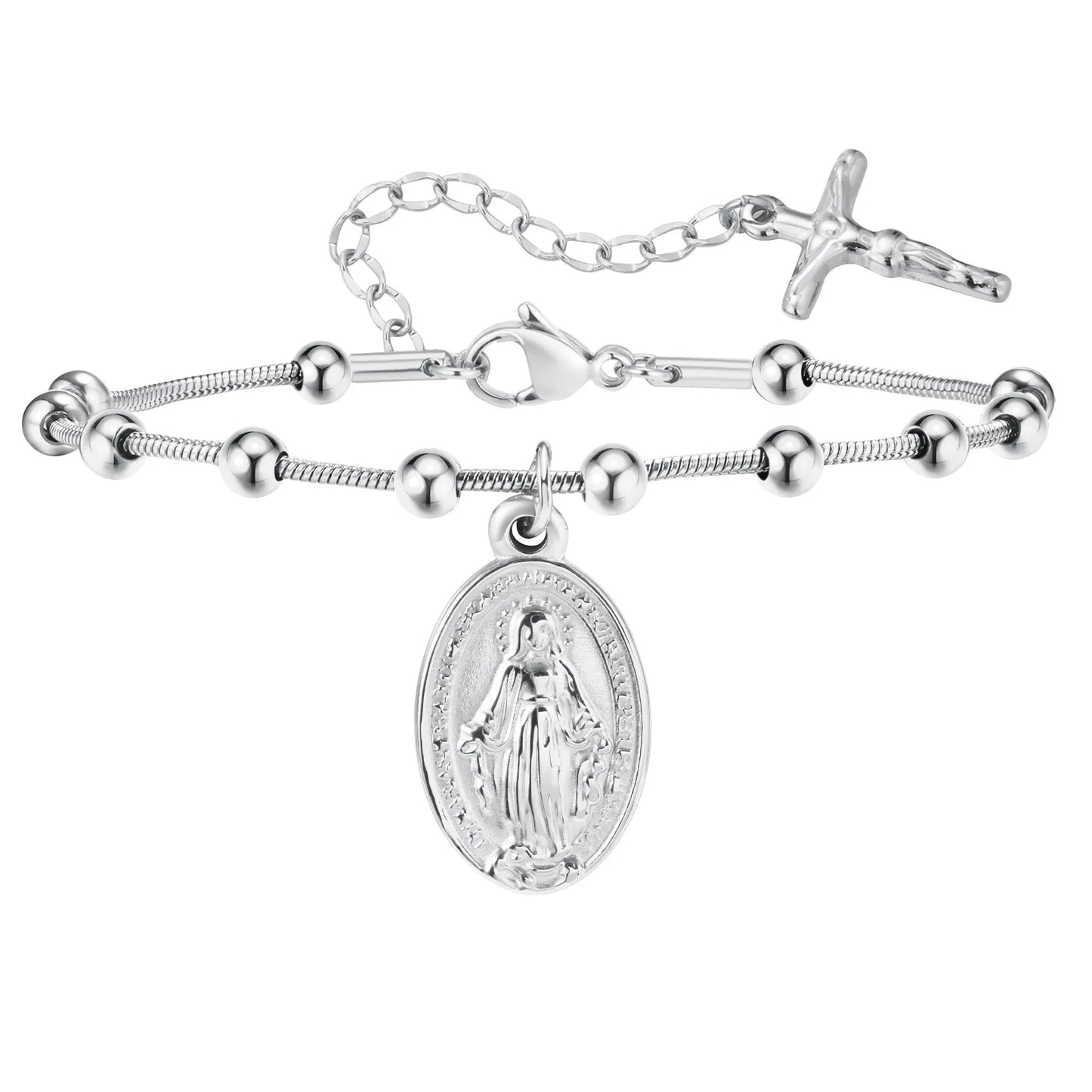 Vnox-pulsera de Rosario para mujer y niña, brazalete de oración de la Virgen María, Cruz religiosa de acero inoxidable chapada en oro, regalos