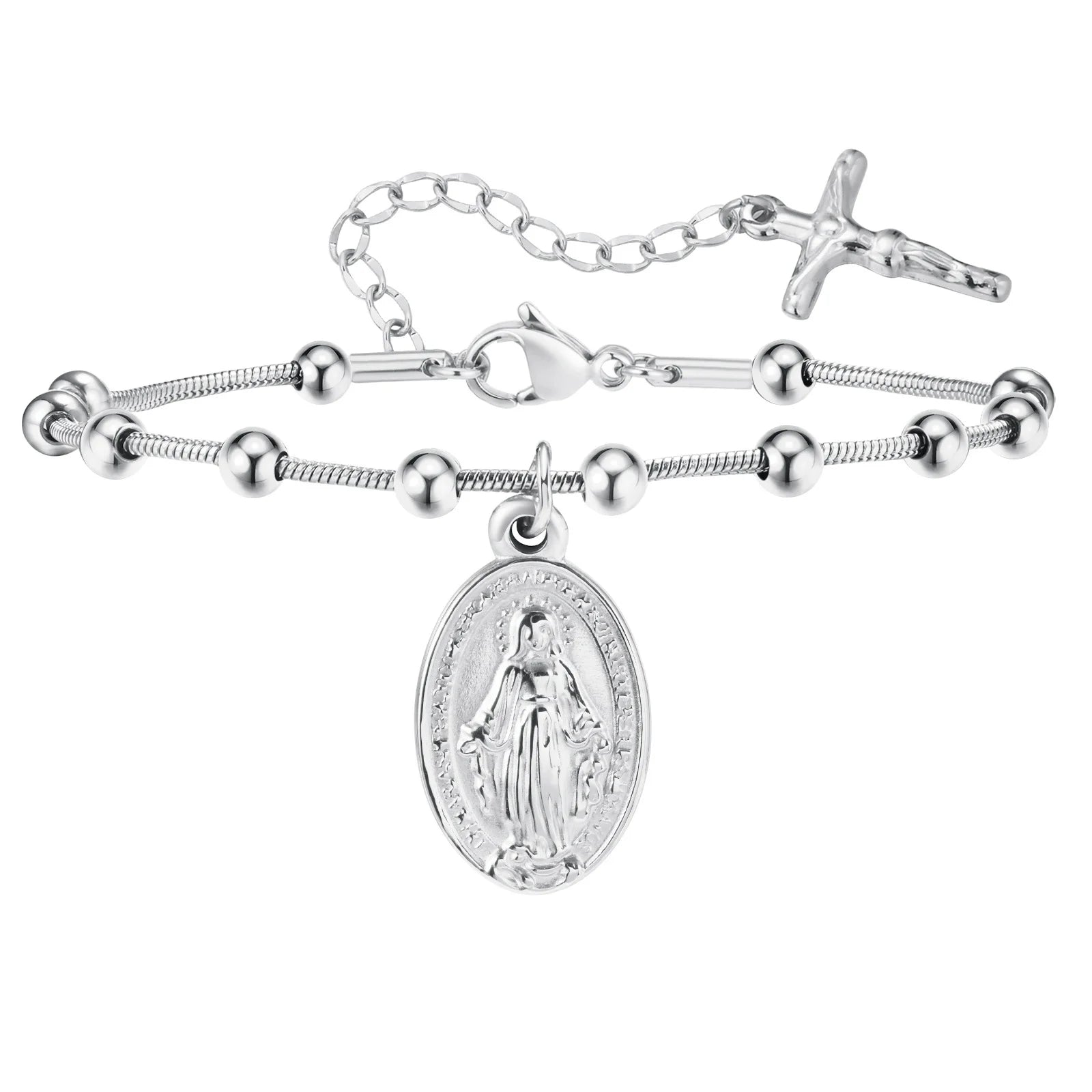 Vnox-pulsera de Rosario para mujer y niña, brazalete de oración de la Virgen María, Cruz religiosa de acero inoxidable chapada en oro, regalos