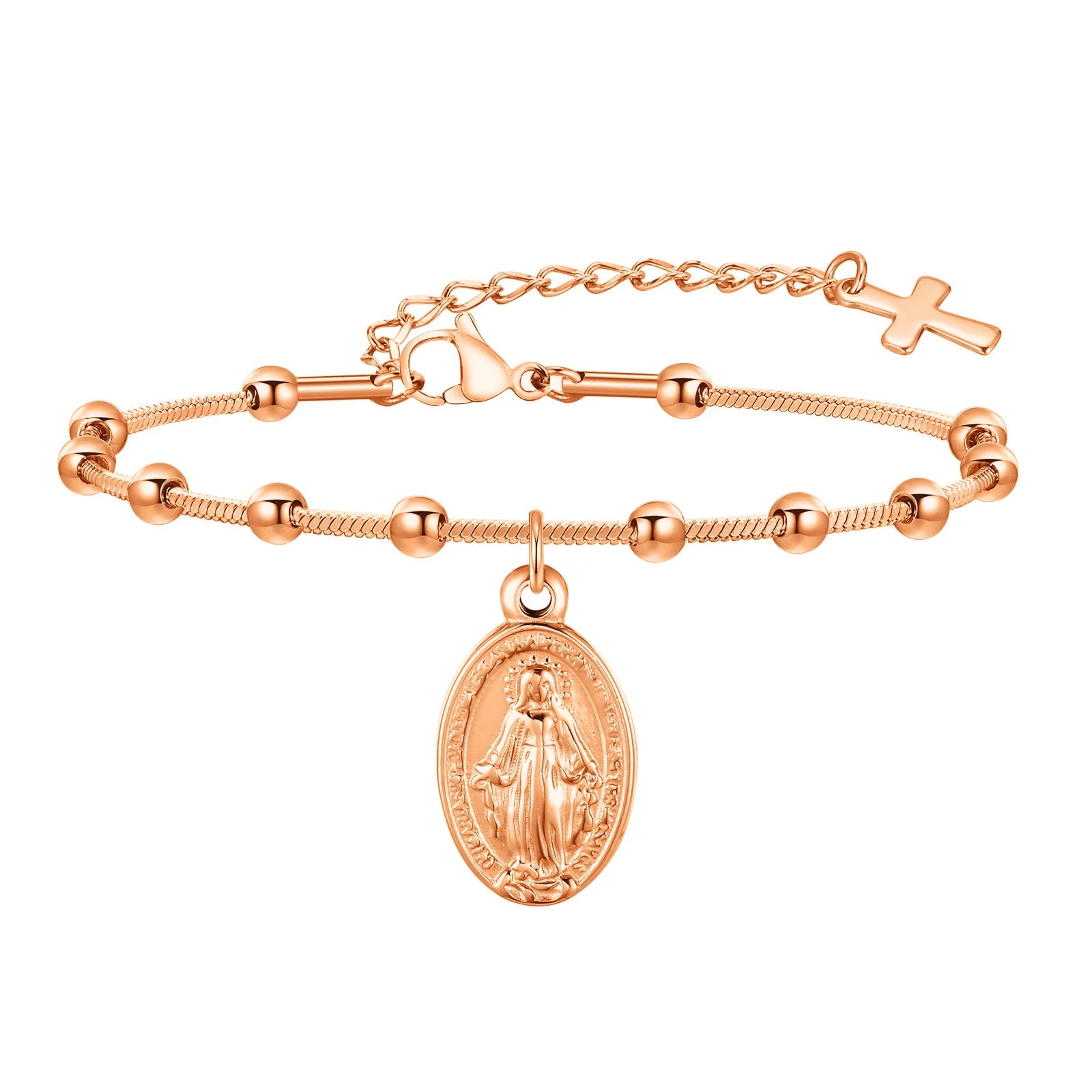 Vnox-pulsera de Rosario para mujer y niña, brazalete de oración de la Virgen María, Cruz religiosa de acero inoxidable chapada en oro, regalos