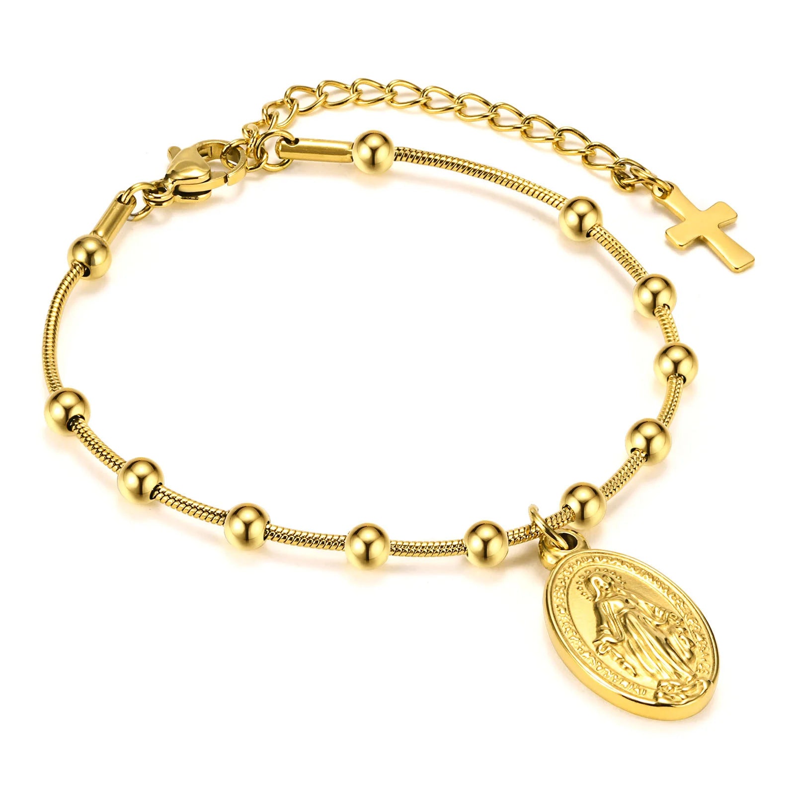Vnox-pulsera de Rosario para mujer y niña, brazalete de oración de la Virgen María, Cruz religiosa de acero inoxidable chapada en oro, regalos