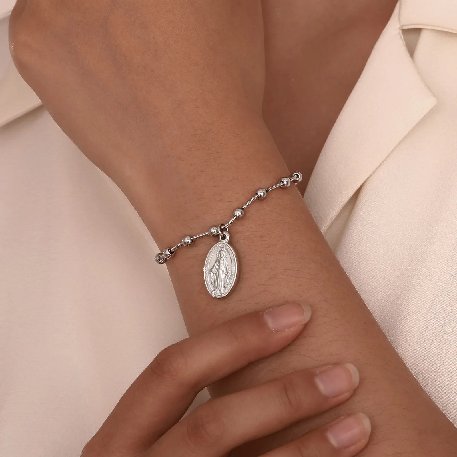 Vnox-pulsera de Rosario para mujer y niña, brazalete de oración de la Virgen María, Cruz religiosa de acero inoxidable chapada en oro, regalos