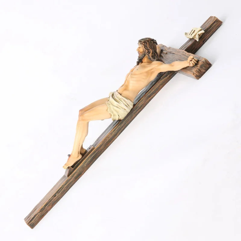 Estatua religiosa de crucifijo de cruz de Jesús, estatuilla de San Católico, artesanía, escultura colgante de pared para decoración del hogar y la sala de estar