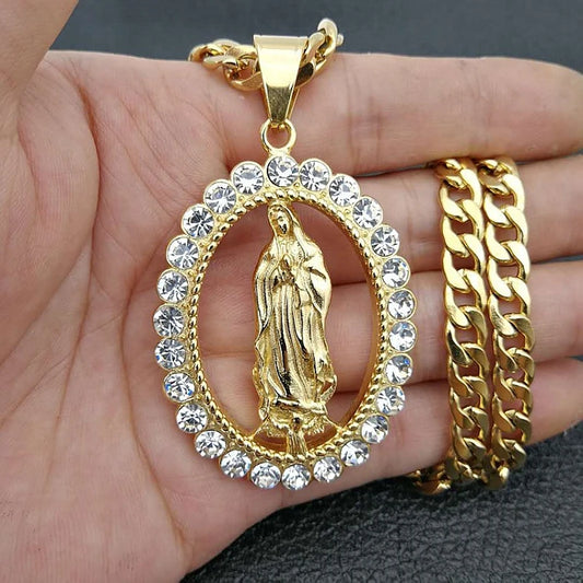 collares para mujer collar collares collar acero inoxidable mujer collar hombre Colgante de moda de Europa y América, collar de la Virgen María católica, dios de la fe religiosa, Hip Hop, regalos de fiesta exquisitos