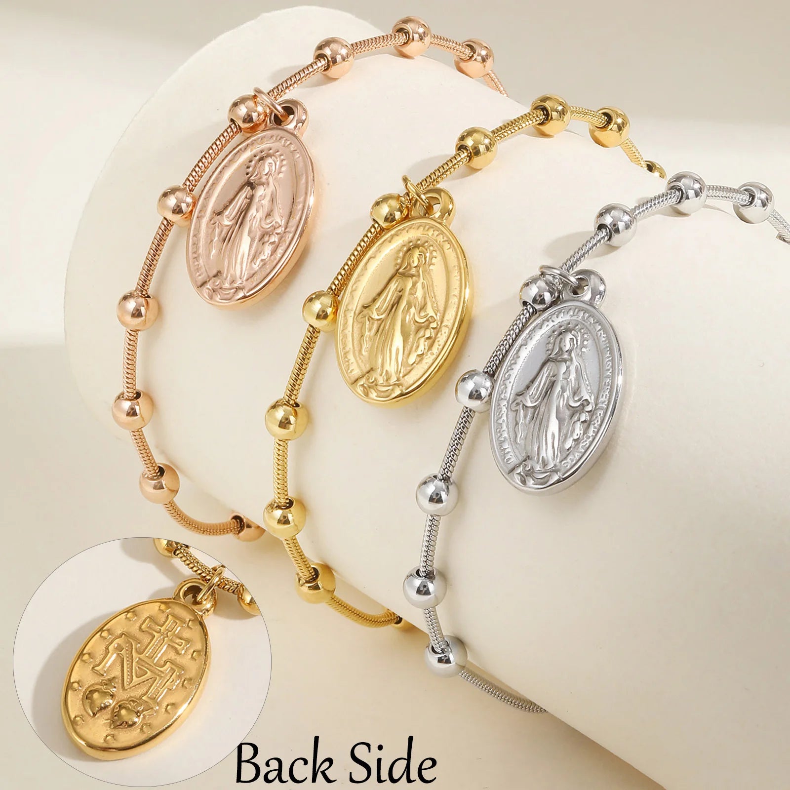 Vnox-pulsera de Rosario para mujer y niña, brazalete de oración de la Virgen María, Cruz religiosa de acero inoxidable chapada en oro, regalos