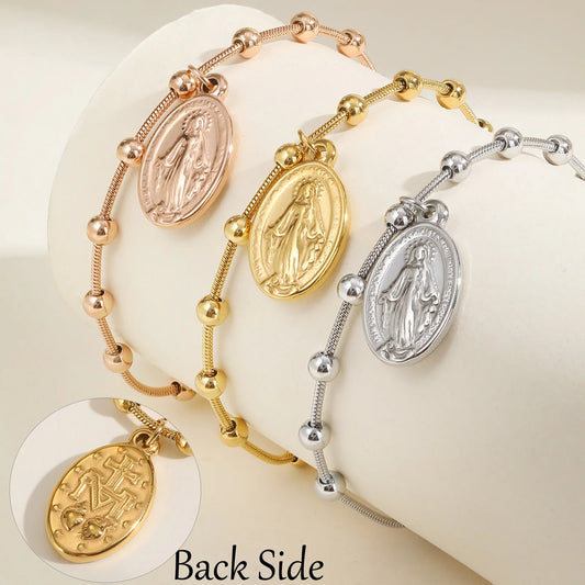 Vnox-pulsera de Rosario para mujer y niña, brazalete de oración de la Virgen María, Cruz religiosa de acero inoxidable chapada en oro, regalos