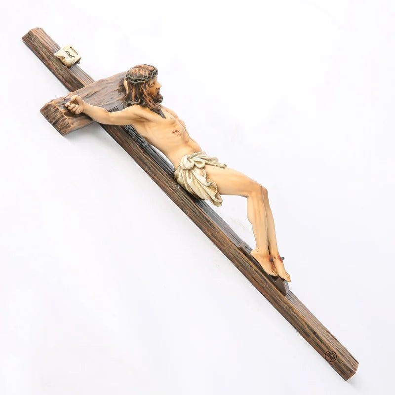 Estatua religiosa de crucifijo de cruz de Jesús, estatuilla de San Católico, artesanía, escultura colgante de pared para decoración del hogar y la sala de estar