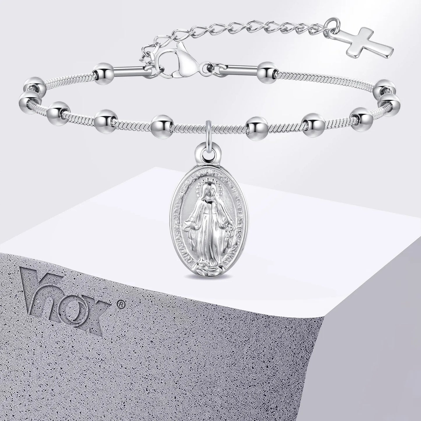 Vnox-pulsera de Rosario para mujer y niña, brazalete de oración de la Virgen María, Cruz religiosa de acero inoxidable chapada en oro, regalos