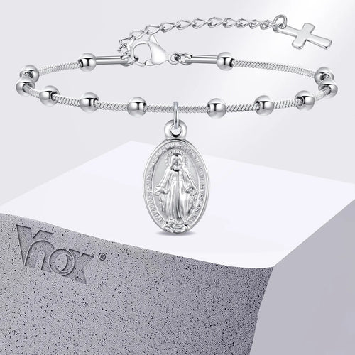 Vnox-pulsera de Rosario para mujer y niña, brazalete de oración de la Virgen María, Cruz religiosa de acero inoxidable chapada en oro, regalos