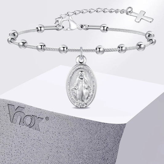 Vnox-pulsera de Rosario para mujer y niña, brazalete de oración de la Virgen María, Cruz religiosa de acero inoxidable chapada en oro, regalos