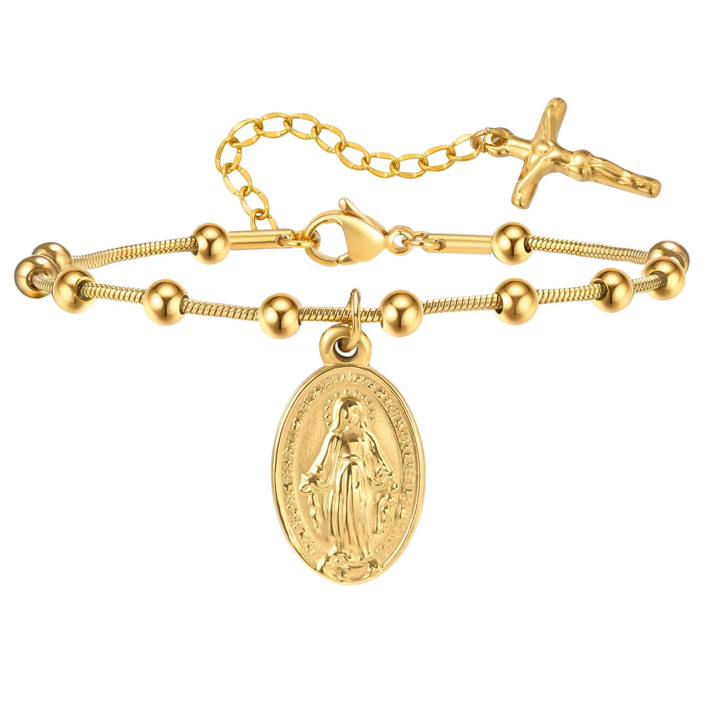 Vnox-pulsera de Rosario para mujer y niña, brazalete de oración de la Virgen María, Cruz religiosa de acero inoxidable chapada en oro, regalos