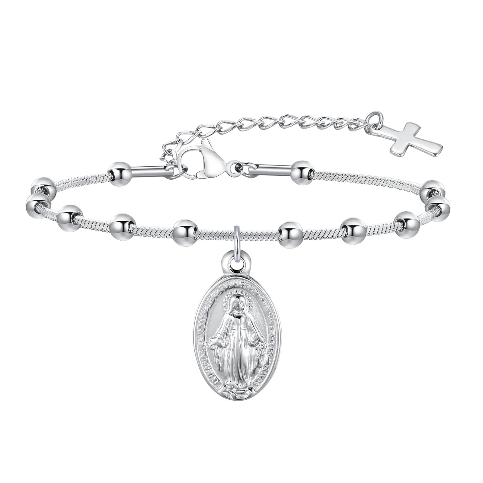 Vnox-pulsera de Rosario para mujer y niña, brazalete de oración de la Virgen María, Cruz religiosa de acero inoxidable chapada en oro, regalos