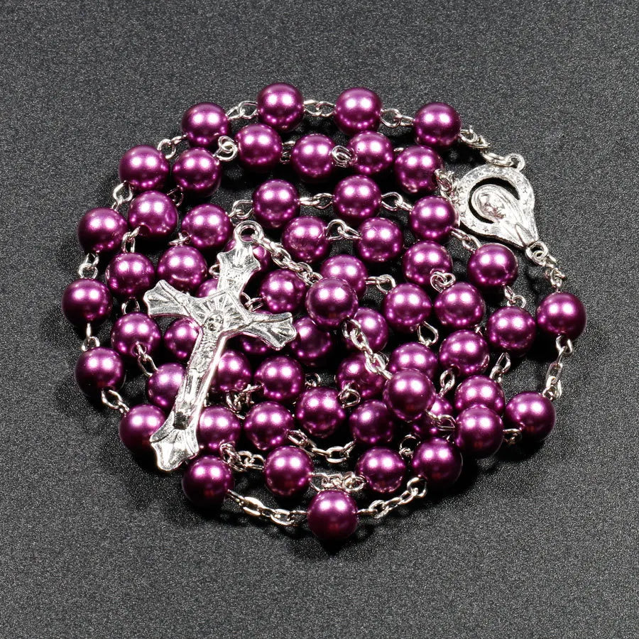Nueva religión cristiana, collar de Rosario de perlas de imitación para mujer, colgante de cruz de la Virgen María Jesús, cadenas de cuentas largas, joyería de moda