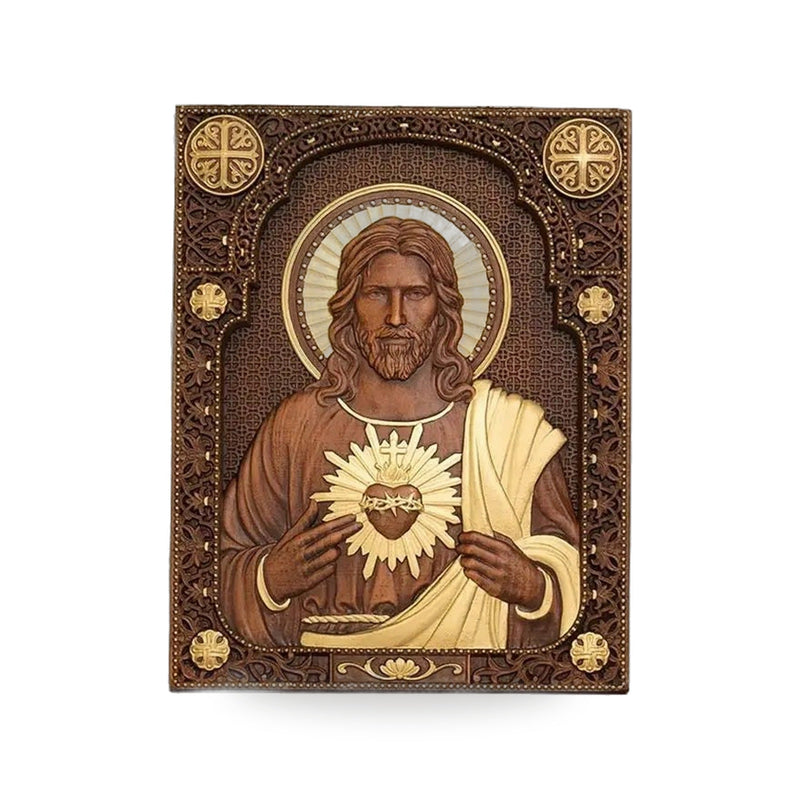 Ícono del Sagrado Corazón de Jesús tallado en madera con detalles dorados
