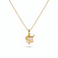 Collar del Inmaculado Corazón de María con cristal rosa en forma de corazón, espada dorada y rosas – vista completa sobre fondo blanco