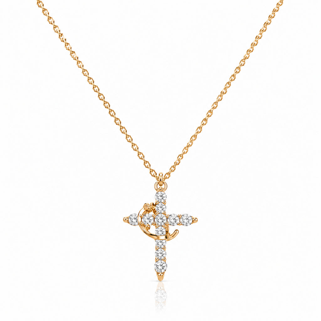 Collar de Cruz Giratoria con corona de espinas, cruz de circonias doradas – vista completa sobre fondo blanco