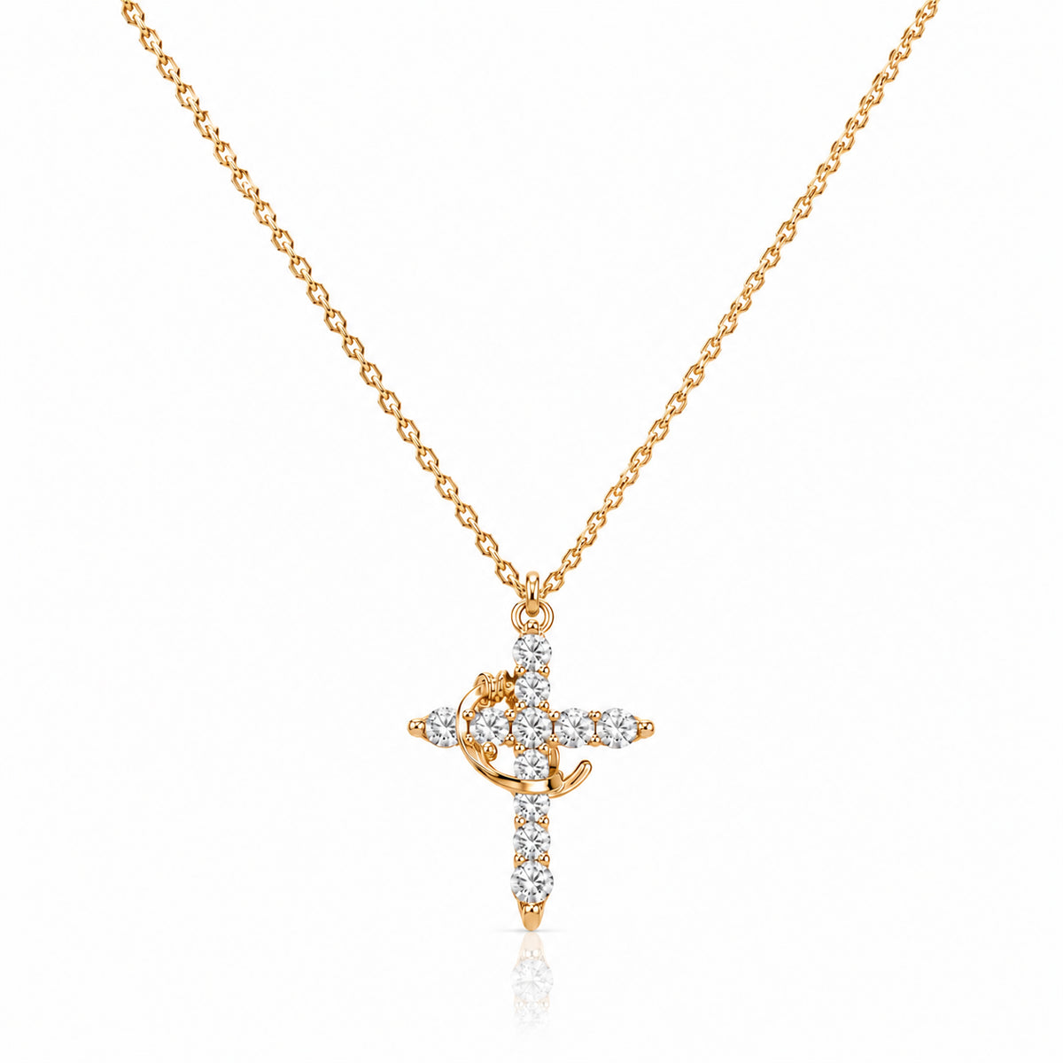 Collar de Cruz Giratoria con corona de espinas, cruz de circonias doradas – vista completa sobre fondo blanco