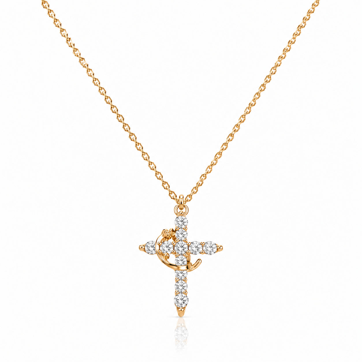 Collar de Cruz Giratoria con corona de espinas, cruz de circonias doradas – vista completa sobre fondo blanco