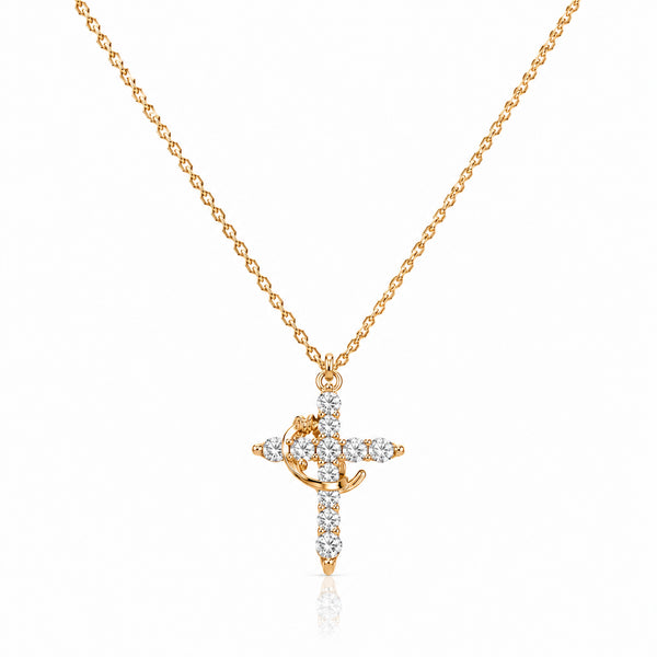 Collar de Cruz Giratoria con corona de espinas, cruz de circonias doradas – vista completa sobre fondo blanco