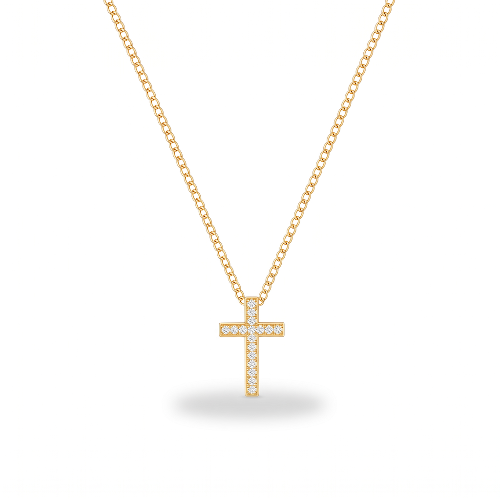 Collar de Cruz con circonias en oro 18K, cadena fina – vista completa sobre fondo blanco
