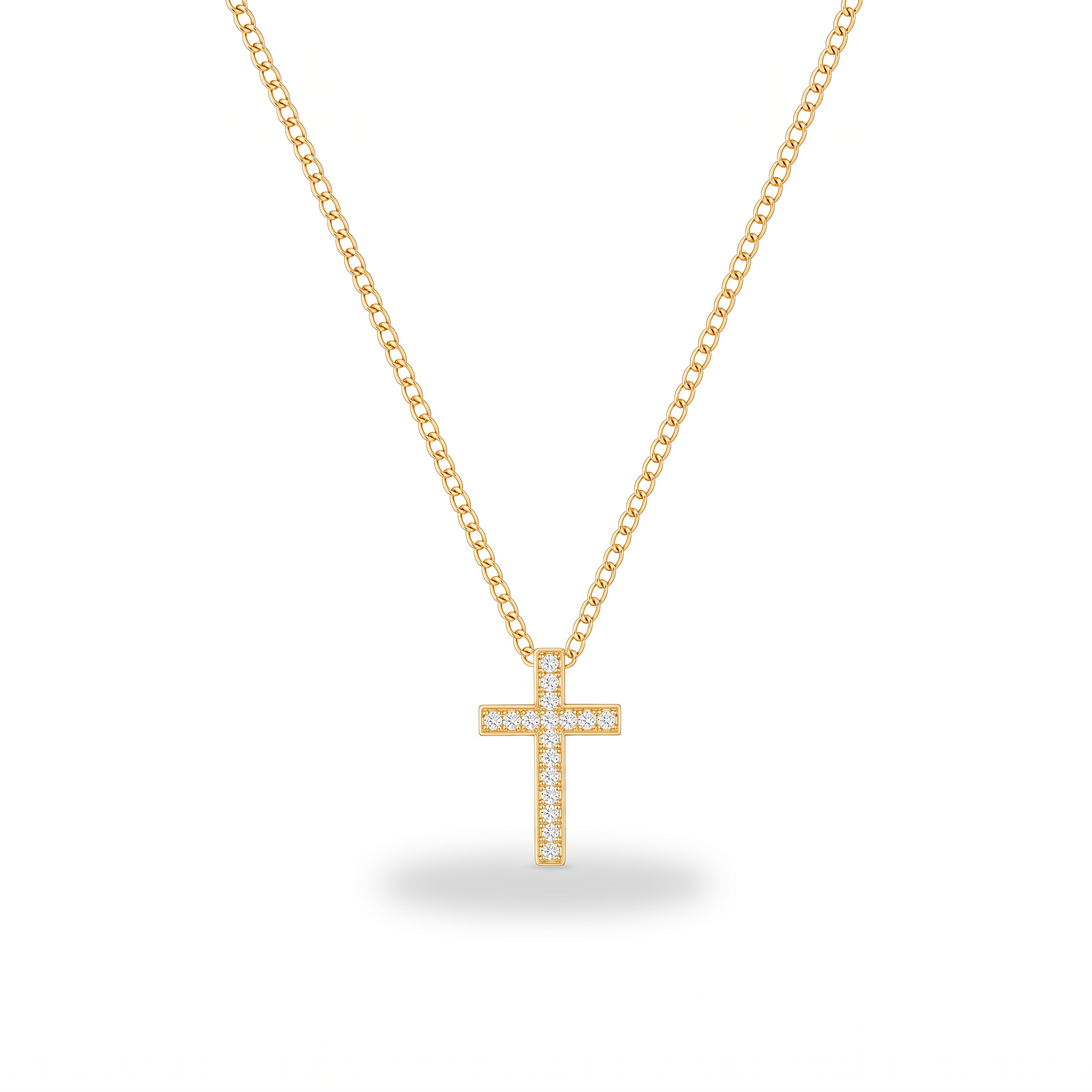Collar de Cruz con circonias en oro 18K, cadena fina – vista completa sobre fondo blanco