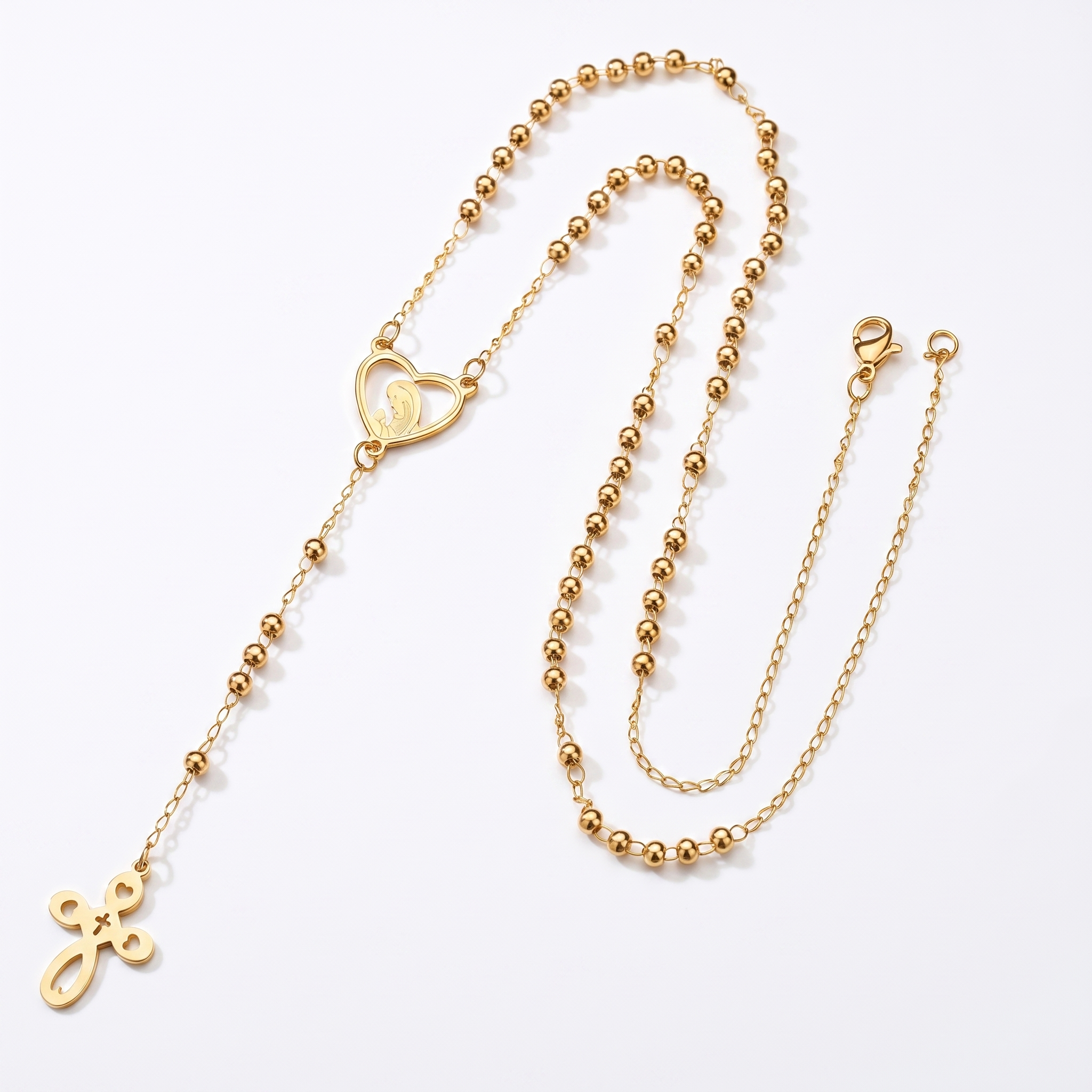 Collar Rosario Dorado en Y con corazón calado de la Virgen María y cruz – vista completa del rosario dorado en Y sobre fondo blanco