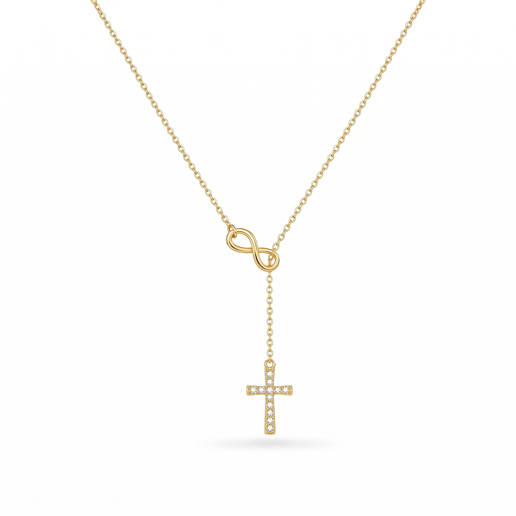 Collar Cruz e Infinito Fe Eterna, cruz con circonias estilo lariat – vista completa sobre fondo blanco
