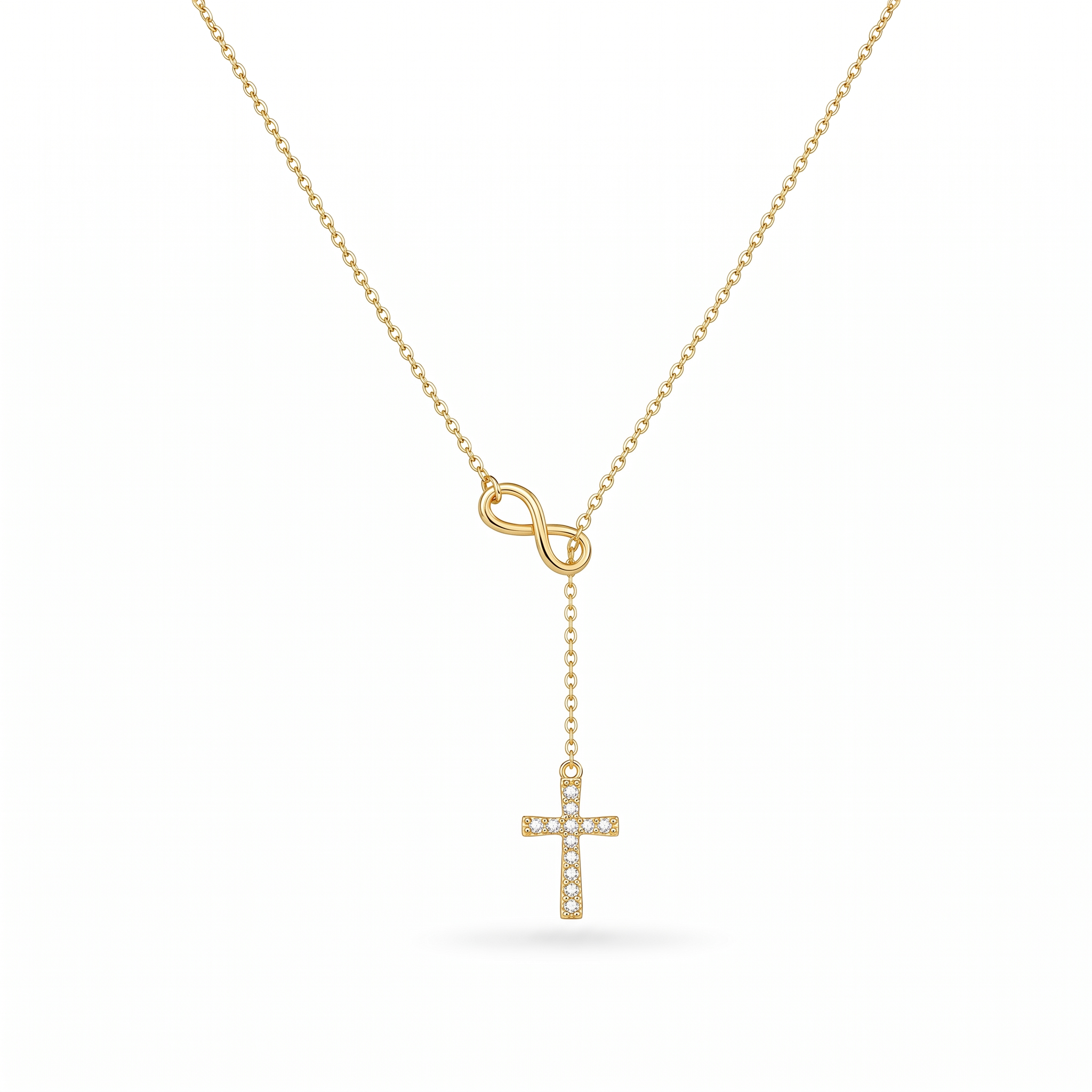 Collar Cruz e Infinito Fe Eterna, cruz con circonias estilo lariat – vista completa sobre fondo blanco