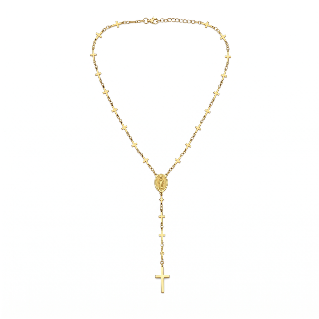 Collar Rosario en Y dorado con crucecitas y medalla de la Virgen Milagrosa – vista completa sobre fondo blanco