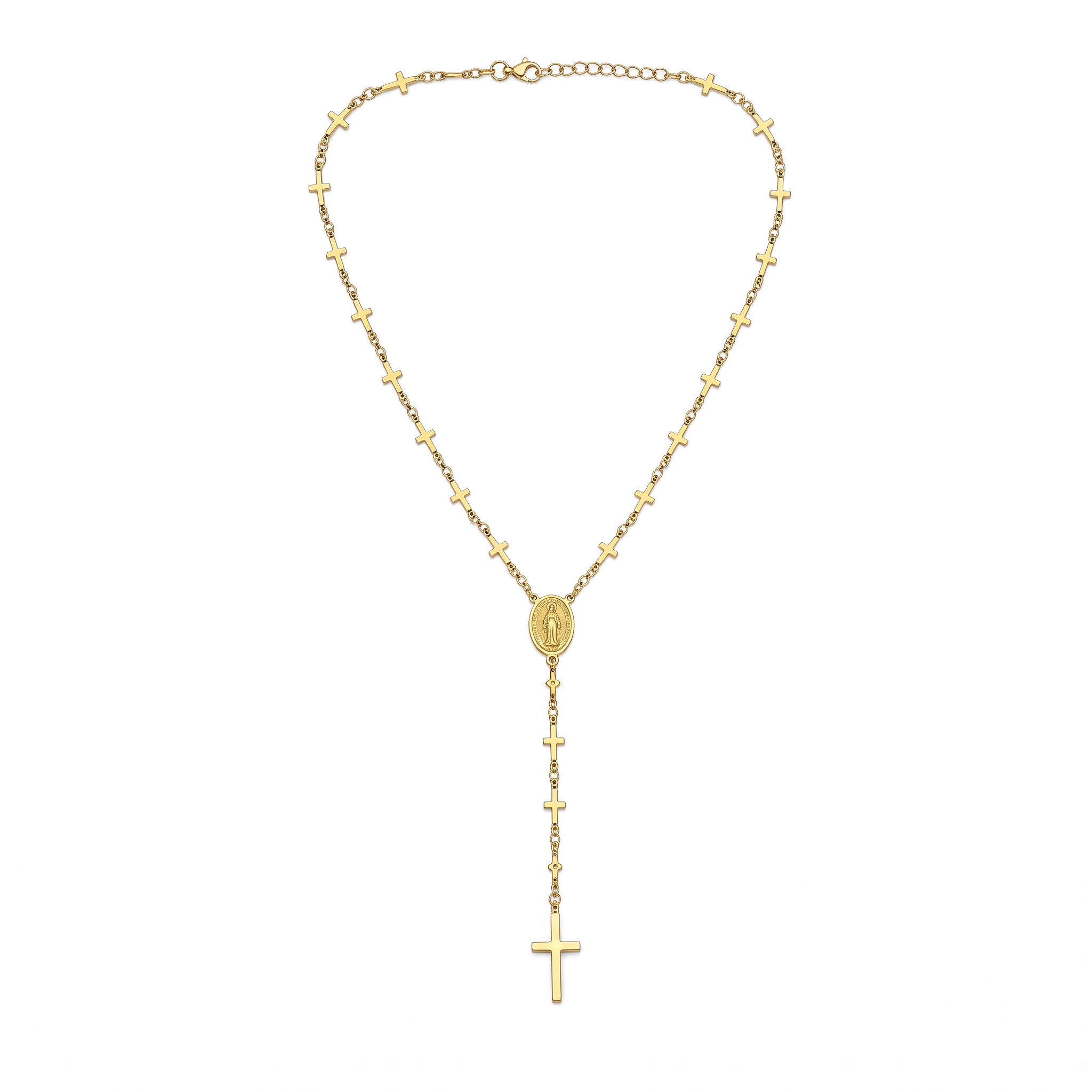 Collar Rosario en Y dorado con crucecitas y medalla de la Virgen Milagrosa – vista completa sobre fondo blanco