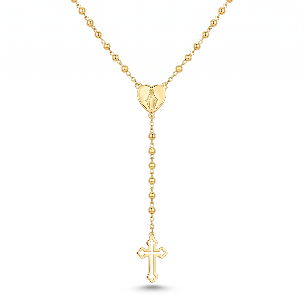 Collar Rosario Bohemio en Y con corazón de la Virgen y cruz cristiana calada – vista completa del rosario en Y sobre fondo blanco