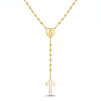 Collar Rosario Bohemio en Y con corazón de la Virgen y cruz cristiana calada – vista completa del rosario en Y sobre fondo blanco