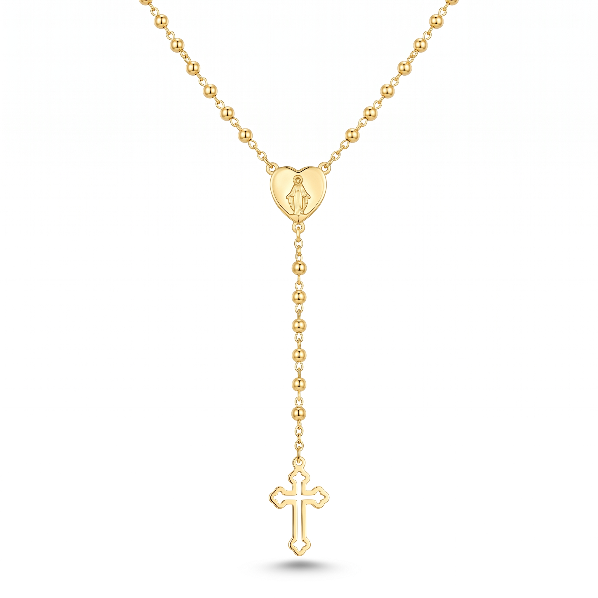 Collar Rosario Bohemio en Y con corazón de la Virgen y cruz cristiana calada – vista completa del rosario en Y sobre fondo blanco
