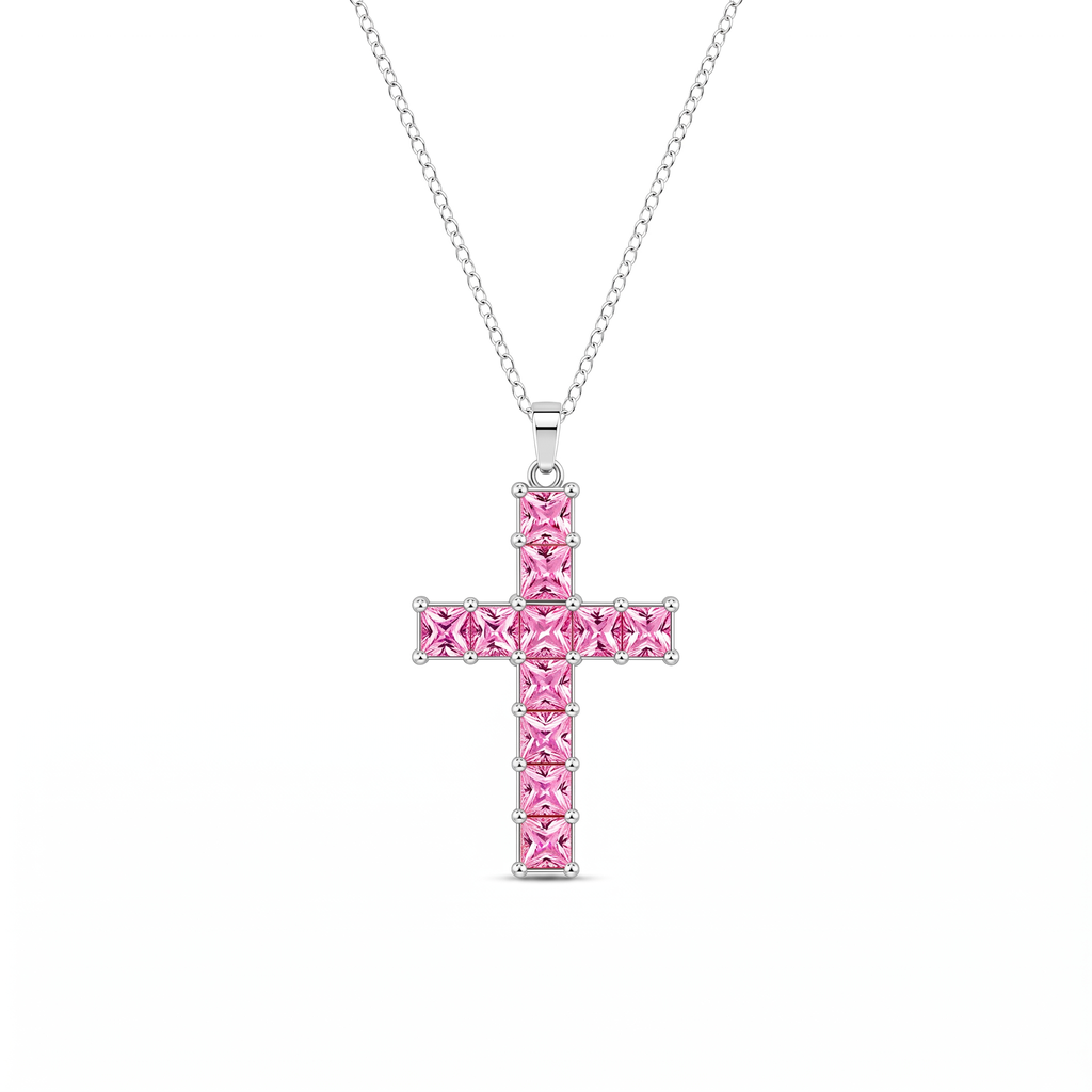 Collar Cruz de Cristal Multicolor con cristales talla princesa – vista completa sobre fondo blanco