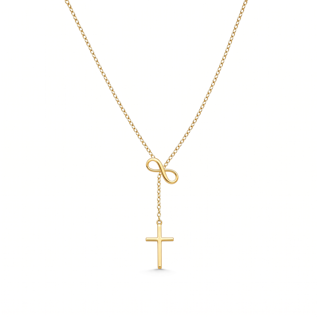 Collar de Cruz y Lazo Infinito en acero inoxidable, estilo lariat – vista completa sobre fondo blanco