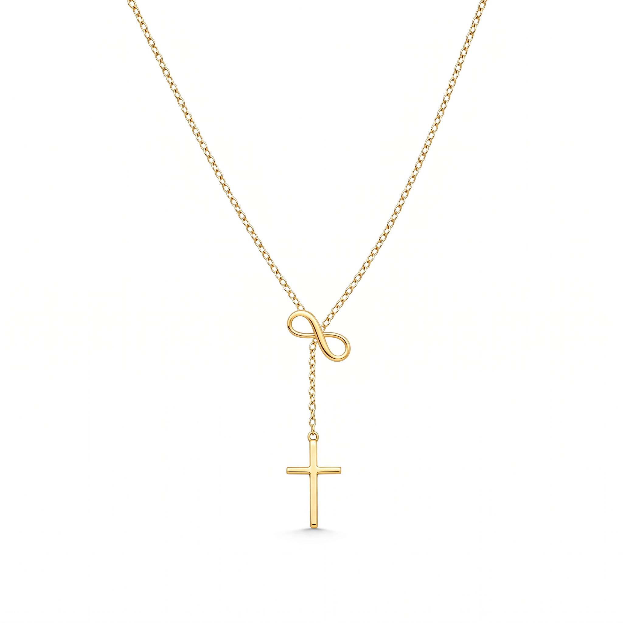 Collar de Cruz y Lazo Infinito en acero inoxidable, estilo lariat – vista completa sobre fondo blanco